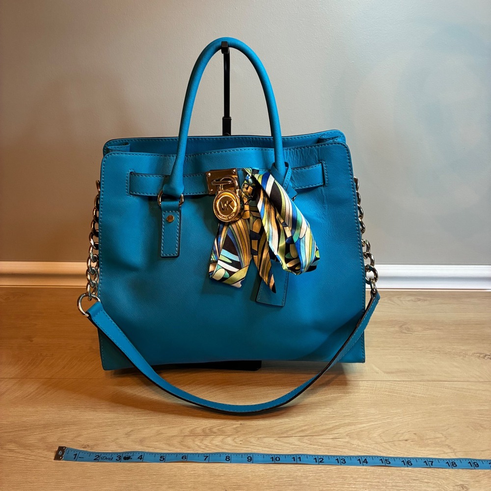 Michael Kors Hamilton Large Saffiano Leather Satchel Turquoise Blue Gold Padlock